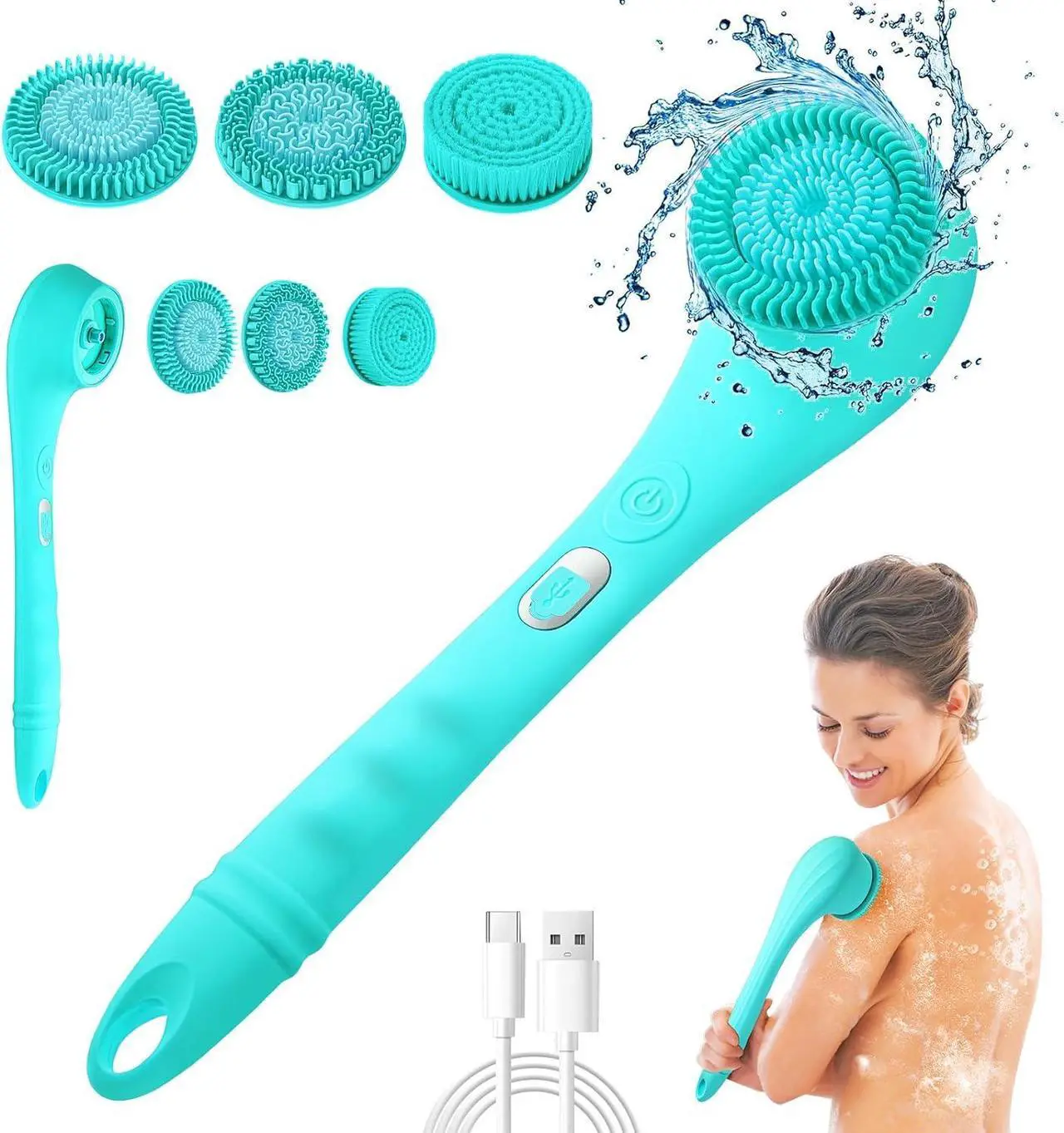 Main image of Electric Body Brush Back Brush, Cordless Bath Brush Shower Scrubber Rechargeable Silicone Body Scrubber with Long Handle for Men Women, Waterproof Bathing Back Brush Massage Exfoliating