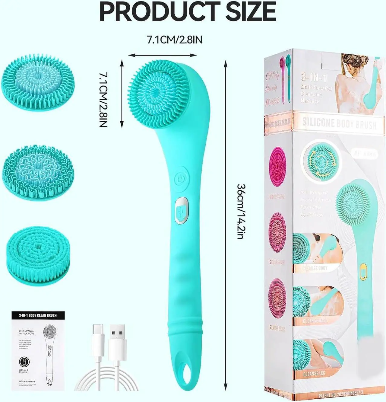 Alt view image 7 of 7 - Electric Body Brush Back Brush, Cordless Bath Brush Shower Scrubber Rechargeable Silicone Body Scrubber with Long Handle for Men Women, Waterproof Bathing Back Brush Massage Exfoliating