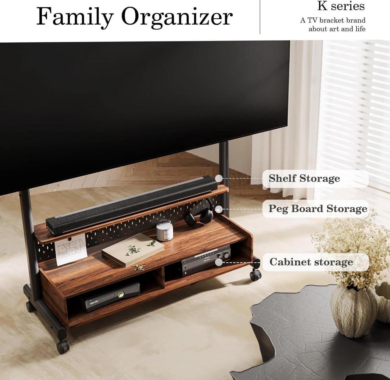 Alt view image 2 of 6 - Rolling TV Stand - Portable Floor TV Stand Mount on Wheels for 70-100 Inch TV, Mobile TV Stand Cart with Wooden Drawer for Living Room, Bed Room, Holds Up to 176 Lbs - Brown