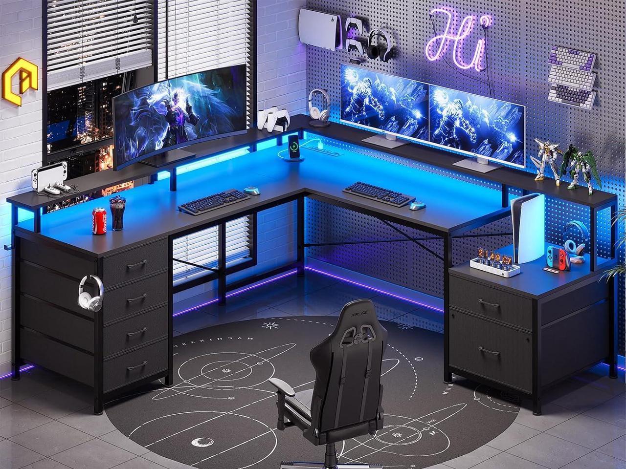 Main image of 108" L Shaped Desk with 6 Drawer, Home Office Desk with File Drawer & Power Outlet, Corner Computer Desk with Monitor Shelf, File Cabinet, Two Person Desk, Gaming Desk with Led Lights, Black