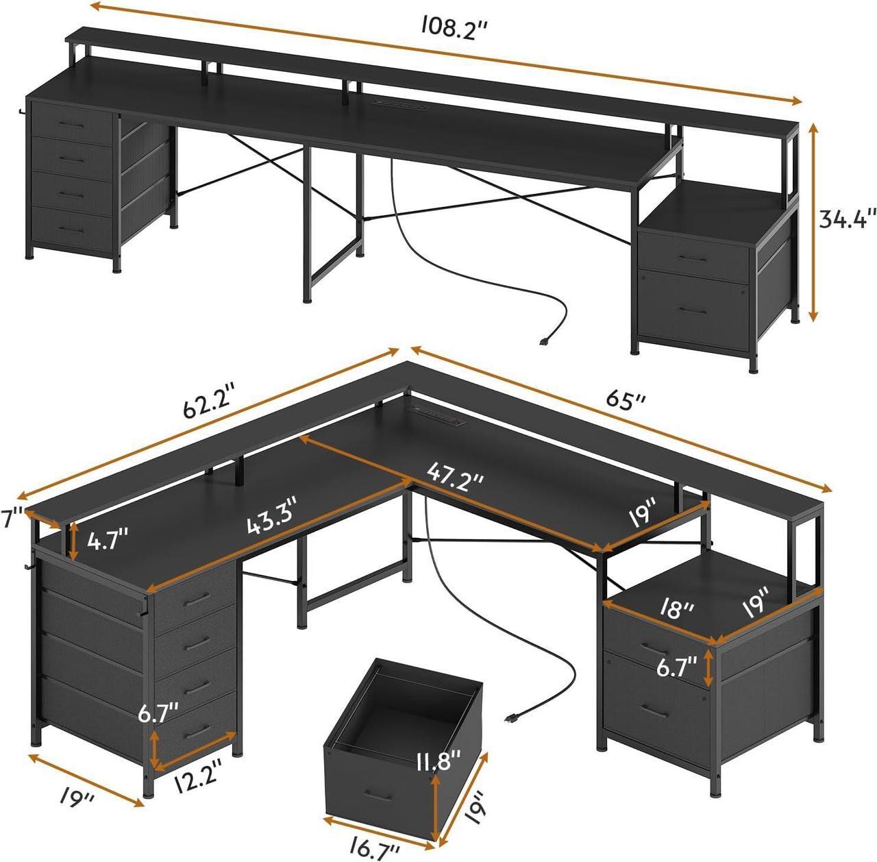 Alt view image 2 of 7 - 108" L Shaped Desk with 6 Drawer, Home Office Desk with File Drawer & Power Outlet, Corner Computer Desk with Monitor Shelf, File Cabinet, Two Person Desk, Gaming Desk with Led Lights, Black