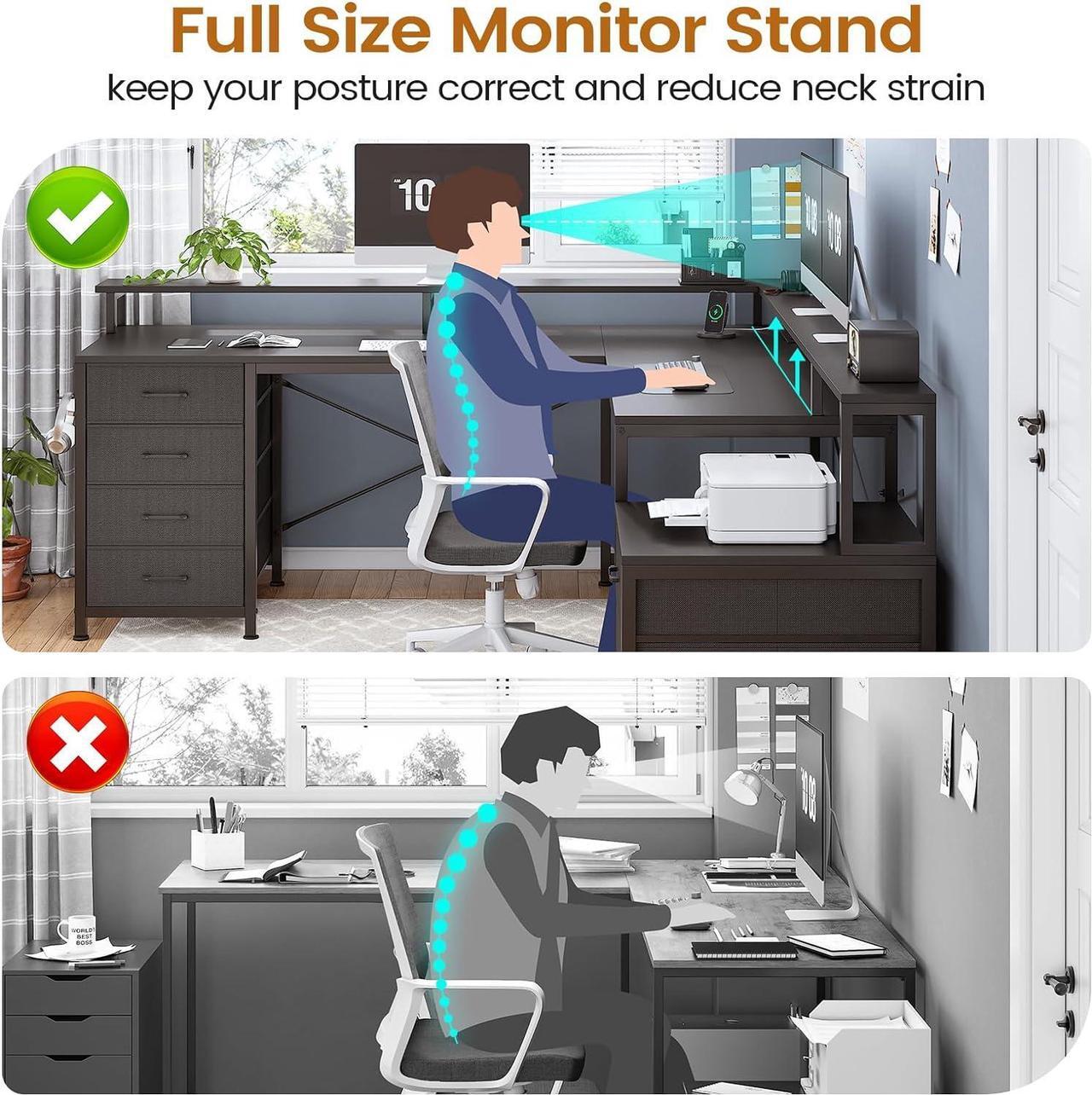 Alt view image 6 of 7 - 108" L Shaped Desk with 6 Drawer, Home Office Desk with File Drawer & Power Outlet, Corner Computer Desk with Monitor Shelf, File Cabinet, Two Person Desk, Gaming Desk with Led Lights, Black