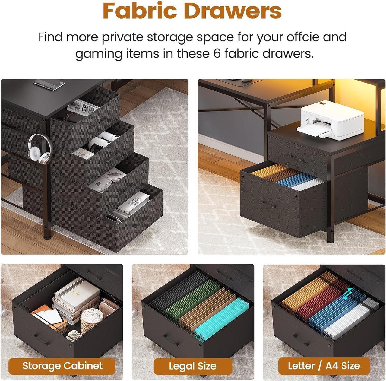 Alt view image 3 of 7 - 108" L Shaped Desk with 6 Drawer, Home Office Desk with File Drawer & Power Outlet, Corner Computer Desk with Monitor Shelf, File Cabinet, Two Person Desk, Gaming Desk with Led Lights, Black