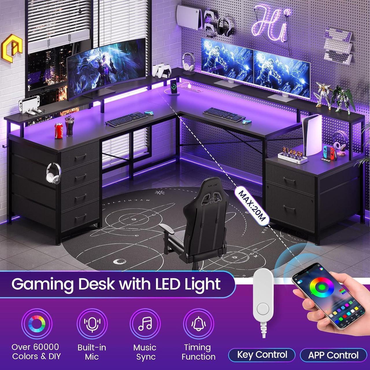 Alt view image 7 of 7 - 108" L Shaped Desk with 6 Drawer, Home Office Desk with File Drawer & Power Outlet, Corner Computer Desk with Monitor Shelf, File Cabinet, Two Person Desk, Gaming Desk with Led Lights, Black