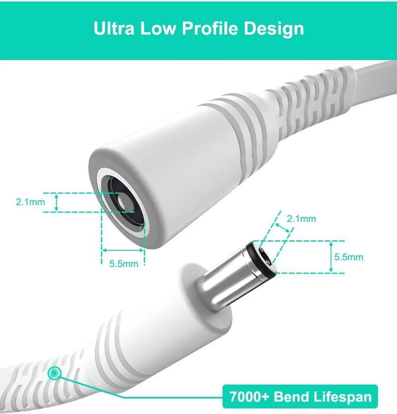 Alt view image 3 of 7 - 20ft 12V DC Extension Cable (2-Pack),DC 2.1mm x 5.5mm 5521 Power Supply Adapter Flat Extender Cord,Female to Male Wire for IP Network,CCTV Security Camera,DVRs & More Devices,5V,9V,24V,12 Volt White