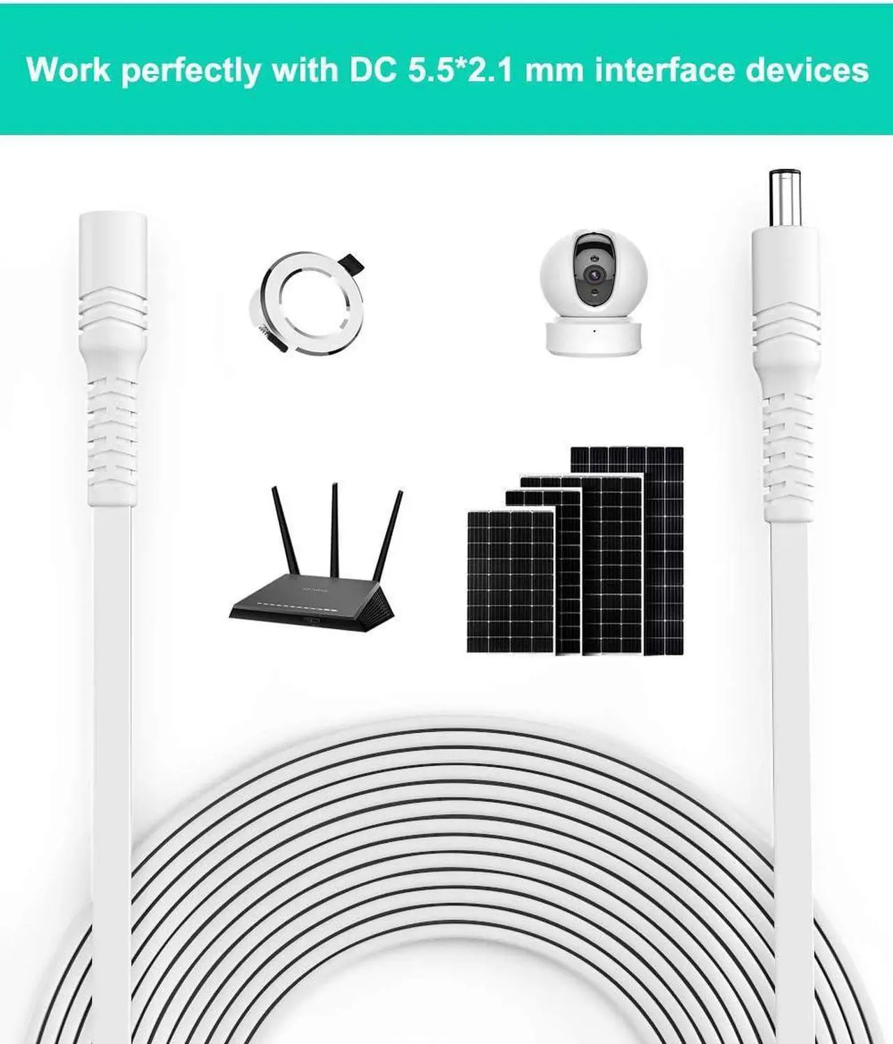 Alt view image 5 of 7 - 20ft 12V DC Extension Cable (2-Pack),DC 2.1mm x 5.5mm 5521 Power Supply Adapter Flat Extender Cord,Female to Male Wire for IP Network,CCTV Security Camera,DVRs & More Devices,5V,9V,24V,12 Volt White