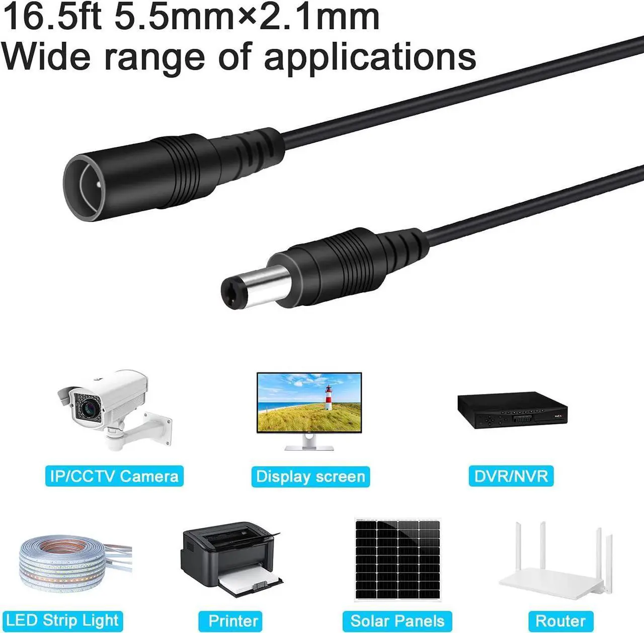 Alt view image 6 of 7 - Power Extension Cable 16.5ft 2.1mm x 5.5mm Compatible with 12V DC Adapter Cord for CCTV Security Camera IP Camera Standalone DVR(16.5ft DC5.5mm Plug ) Black