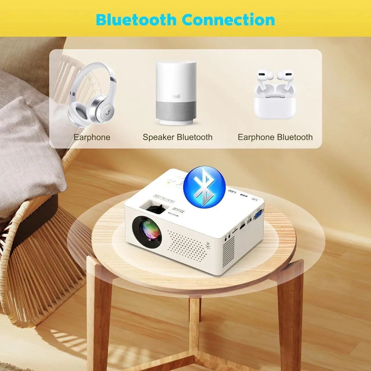 Alt view image 3 of 7 - Mini Bluetooth Projector, Full HD 1080P Supported Portable Outdoor Movie Projector for iOS, Android, Windows, Compatible with TV Stick/HDMI/Smartphone/PS4/USB [Remote Included]