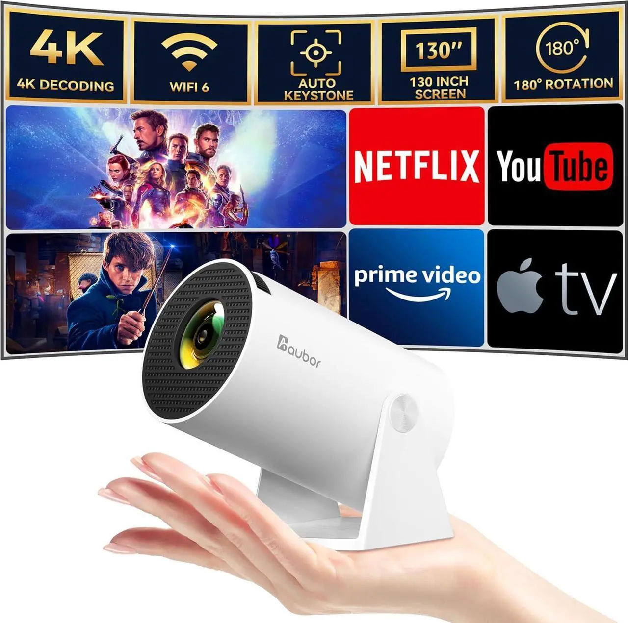 Main image of Mini Projector with Wifi and Bluetooth 1080P Support Smart Projector with Android TV 180° Rotatable Portable Outdoor Short Throw Projector Auto Keystone Home Theater for Phone/TV Stick/Laptop White