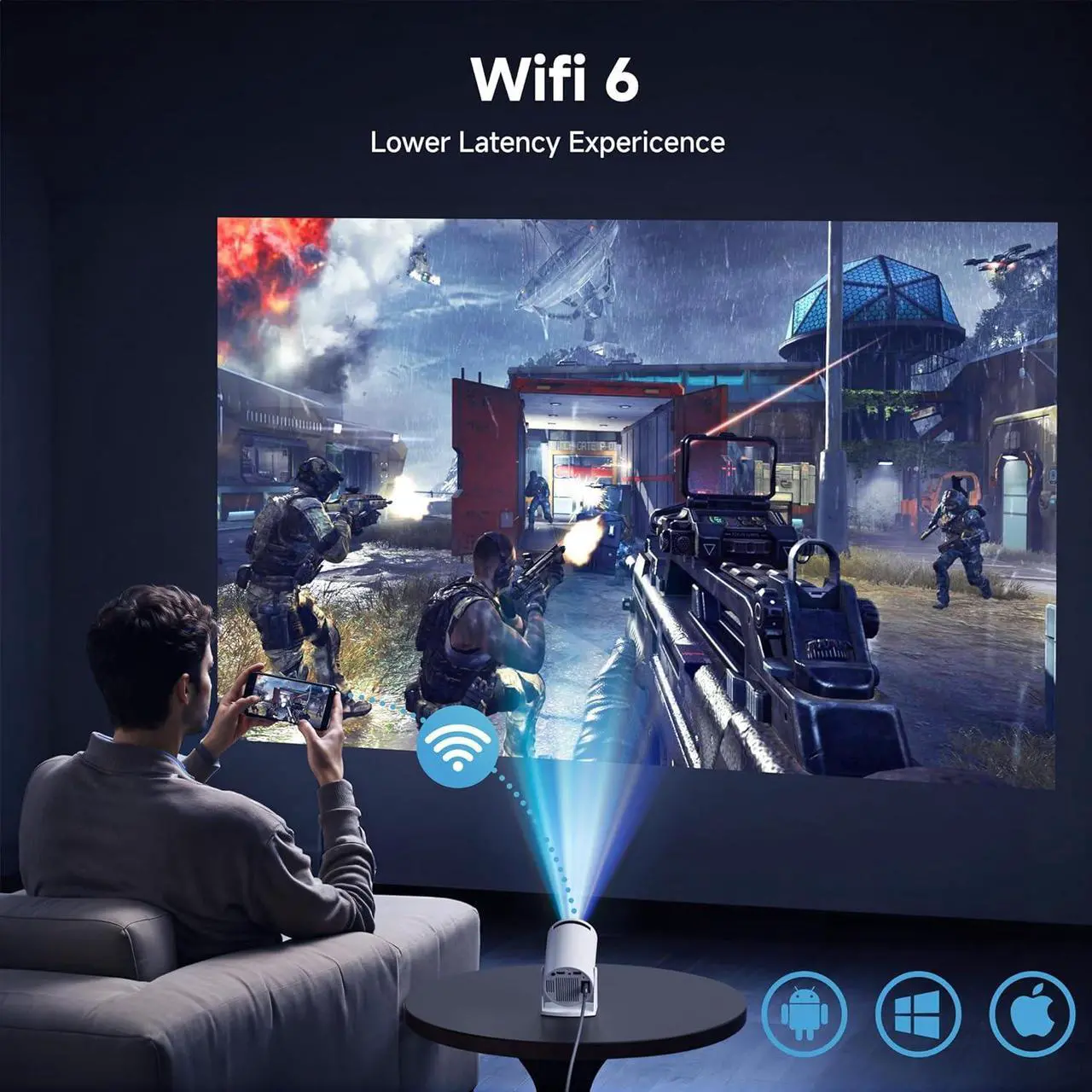 Alt view image 3 of 7 - Mini Projector with Wifi and Bluetooth 1080P Support Smart Projector with Android TV 180° Rotatable Portable Outdoor Short Throw Projector Auto Keystone Home Theater for Phone/TV Stick/Laptop White