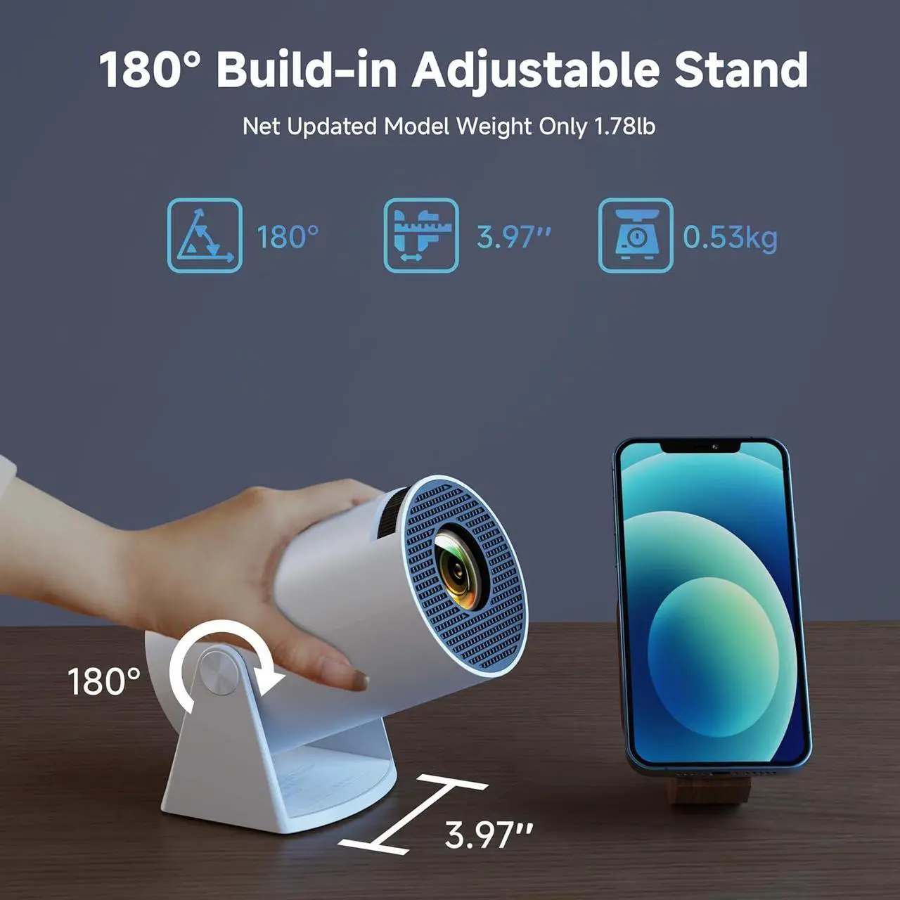 Alt view image 7 of 7 - Mini Projector with Wifi and Bluetooth 1080P Support Smart Projector with Android TV 180° Rotatable Portable Outdoor Short Throw Projector Auto Keystone Home Theater for Phone/TV Stick/Laptop White