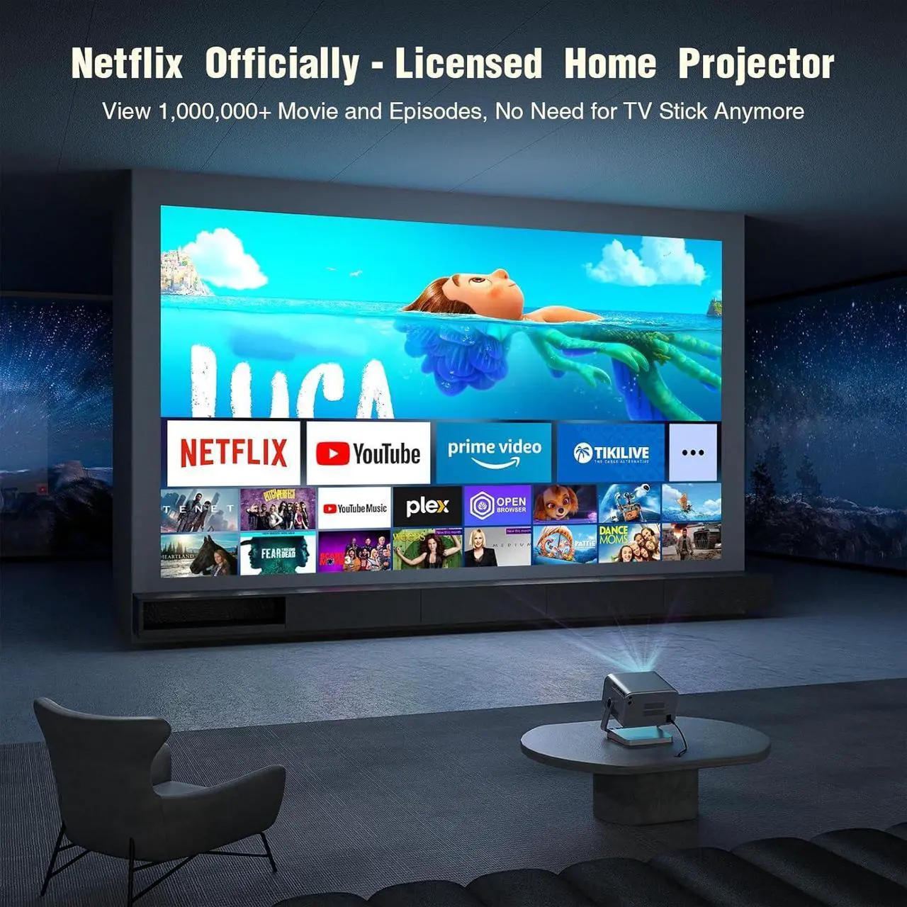Alt view image 3 of 7 - [Netflix Officially & Auto Focus]  4K Projector with WiFi and Bluetooth, 3D Stereo Sound & Auto Keystone Video Projector, 600 ANSI Outdoor Movie Projector, 50% Zoom, MAX 300''Display (Grey)