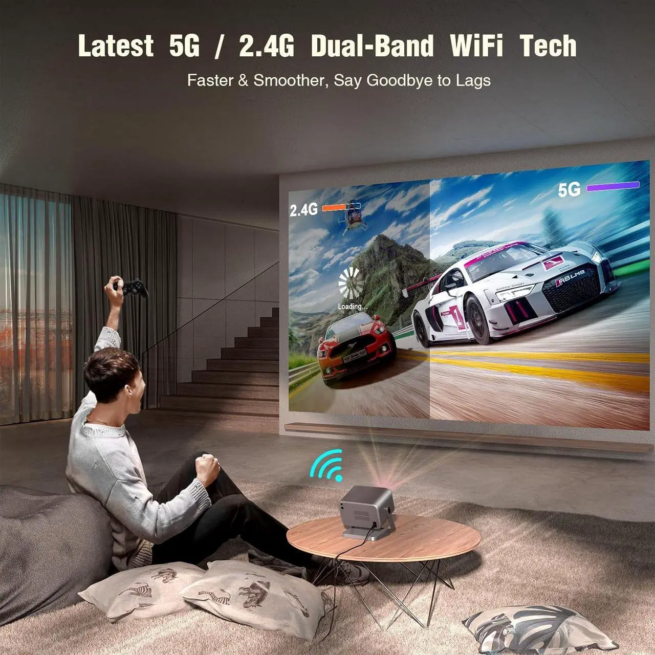 Alt view image 4 of 7 - [Netflix Officially & Auto Focus]  4K Projector with WiFi and Bluetooth, 3D Stereo Sound & Auto Keystone Video Projector, 600 ANSI Outdoor Movie Projector, 50% Zoom, MAX 300''Display (Grey)