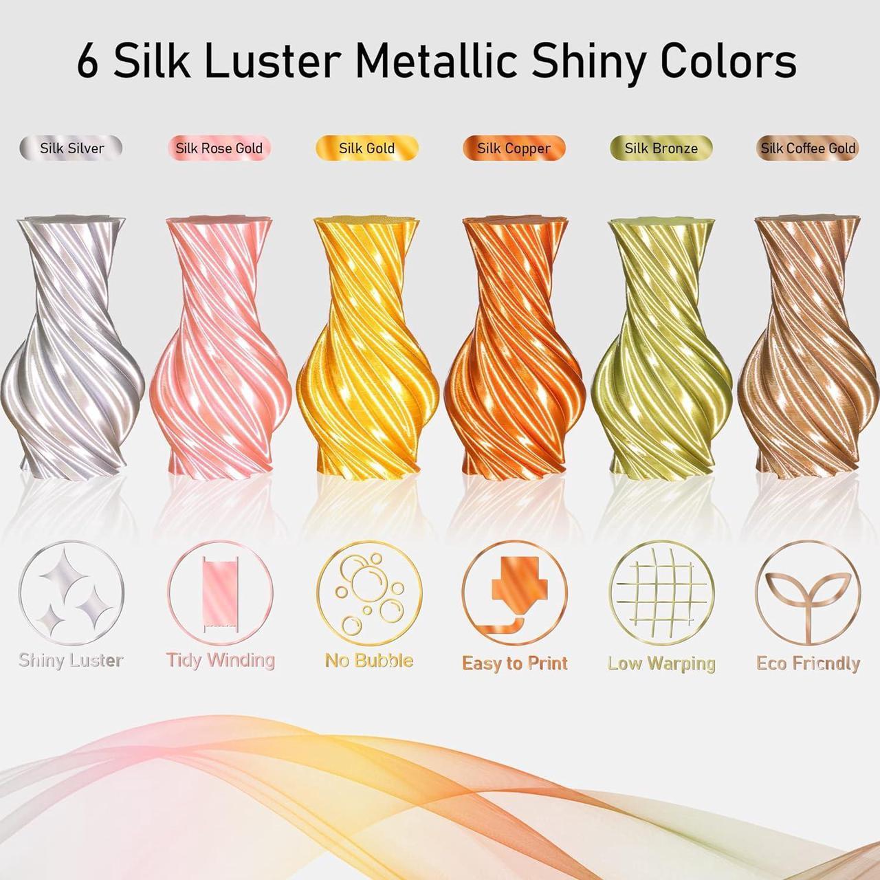 Alt view image 5 of 7 - 1.75mm Silk PLA Filament 6 in 1 Bundle Pack, 6 Metallic Shiny Colors: Gold/Silver/Copper/Bronze/Coffee Gold/Rose Gold, Each Spool 250g, 6 Spools Packed, Total 1.5Kg 3D Printing Material