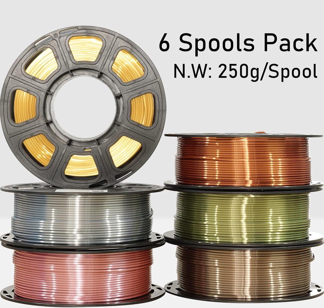 Alt view image 6 of 7 - 1.75mm Silk PLA Filament 6 in 1 Bundle Pack, 6 Metallic Shiny Colors: Gold/Silver/Copper/Bronze/Coffee Gold/Rose Gold, Each Spool 250g, 6 Spools Packed, Total 1.5Kg 3D Printing Material