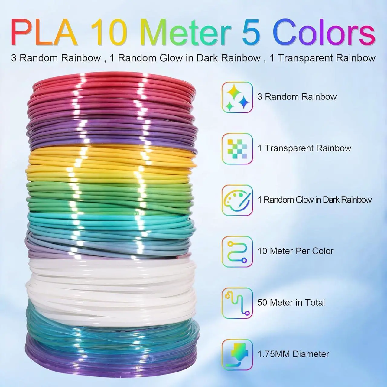 Alt view image 3 of 4 - 5 Colors 3D Printing Pen Filament Refill, Each 10m, One Glowing in Dark PLA, One Clear Rainbow PLA, 3 Different Color Silk Rainbow PLA, Total 50m 3D Printer Filament Sample Pack