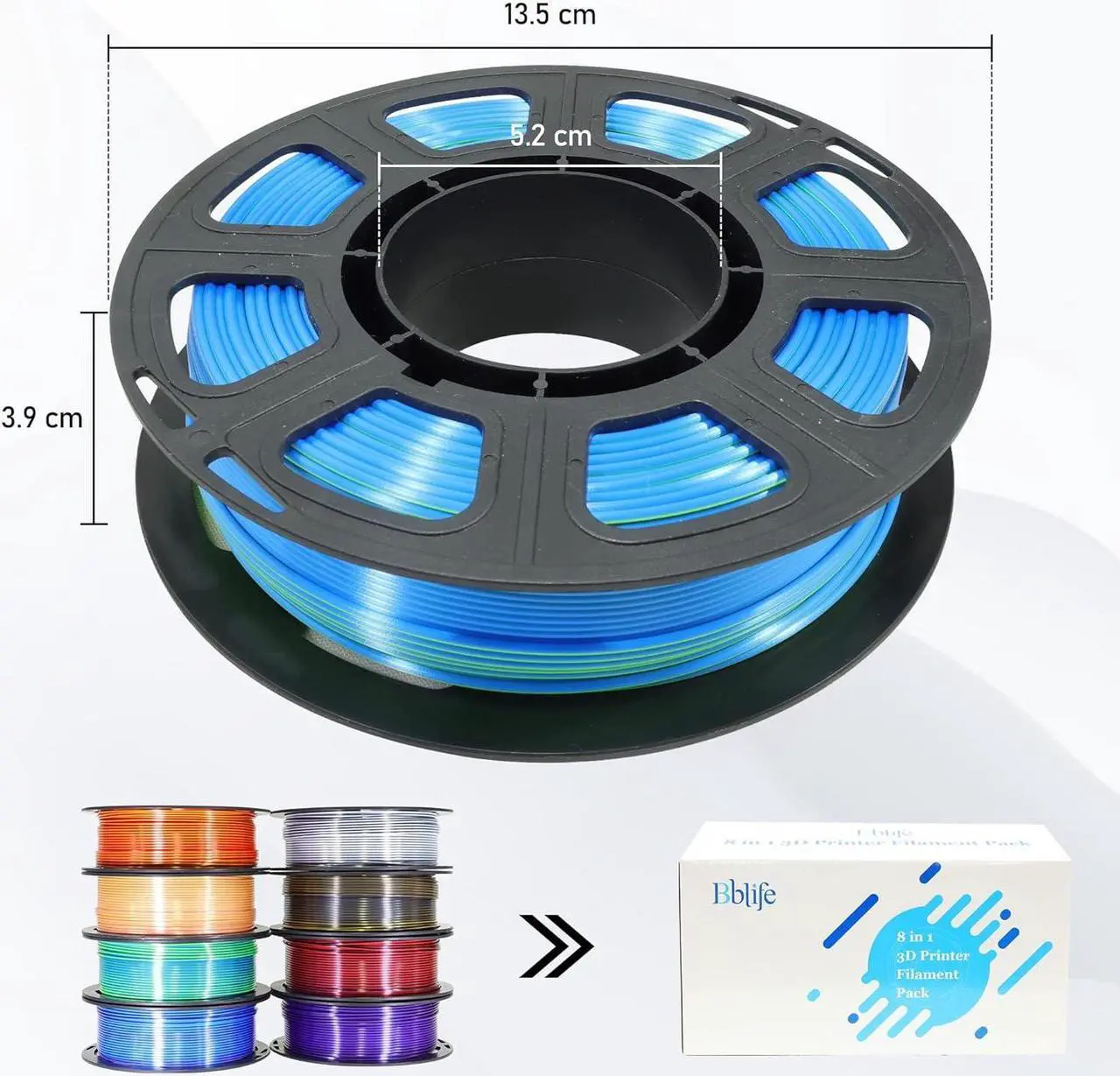 Alt view image 4 of 7 - 8 Spools Dual Color Silk PLA 3D Printer Filament Bundle, Silk White/Black, Red/Black, Gold/Black, Purple/Black, Purple/Blue, Red/Gold, Green/Blue, Yellow/Pink, 1.75mm Bicolor Silk PLA 250gX8