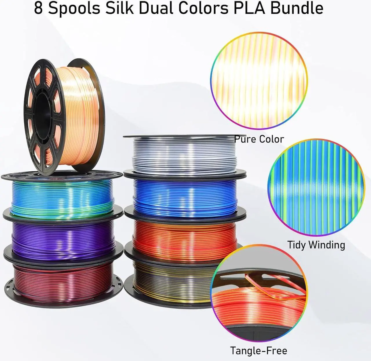 Alt view image 3 of 7 - 8 Spools Dual Color Silk PLA 3D Printer Filament Bundle, Silk White/Black, Red/Black, Gold/Black, Purple/Black, Purple/Blue, Red/Gold, Green/Blue, Yellow/Pink, 1.75mm Bicolor Silk PLA 250gX8