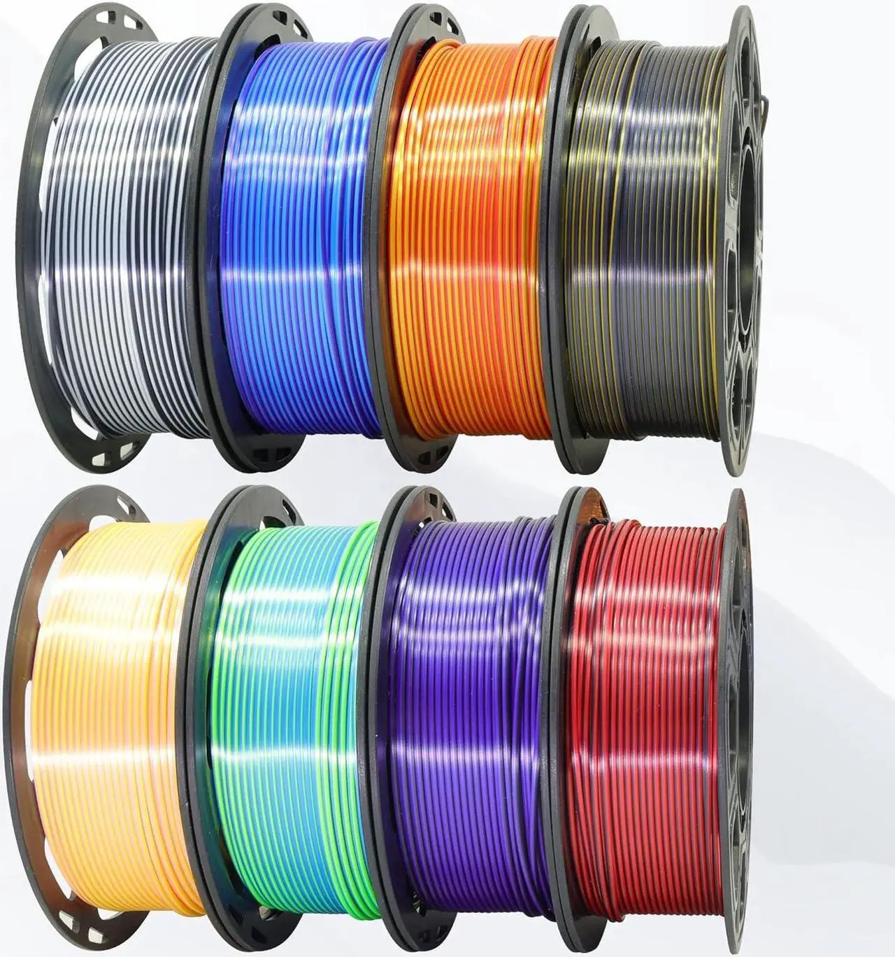 Alt view image 6 of 7 - 8 Spools Dual Color Silk PLA 3D Printer Filament Bundle, Silk White/Black, Red/Black, Gold/Black, Purple/Black, Purple/Blue, Red/Gold, Green/Blue, Yellow/Pink, 1.75mm Bicolor Silk PLA 250gX8