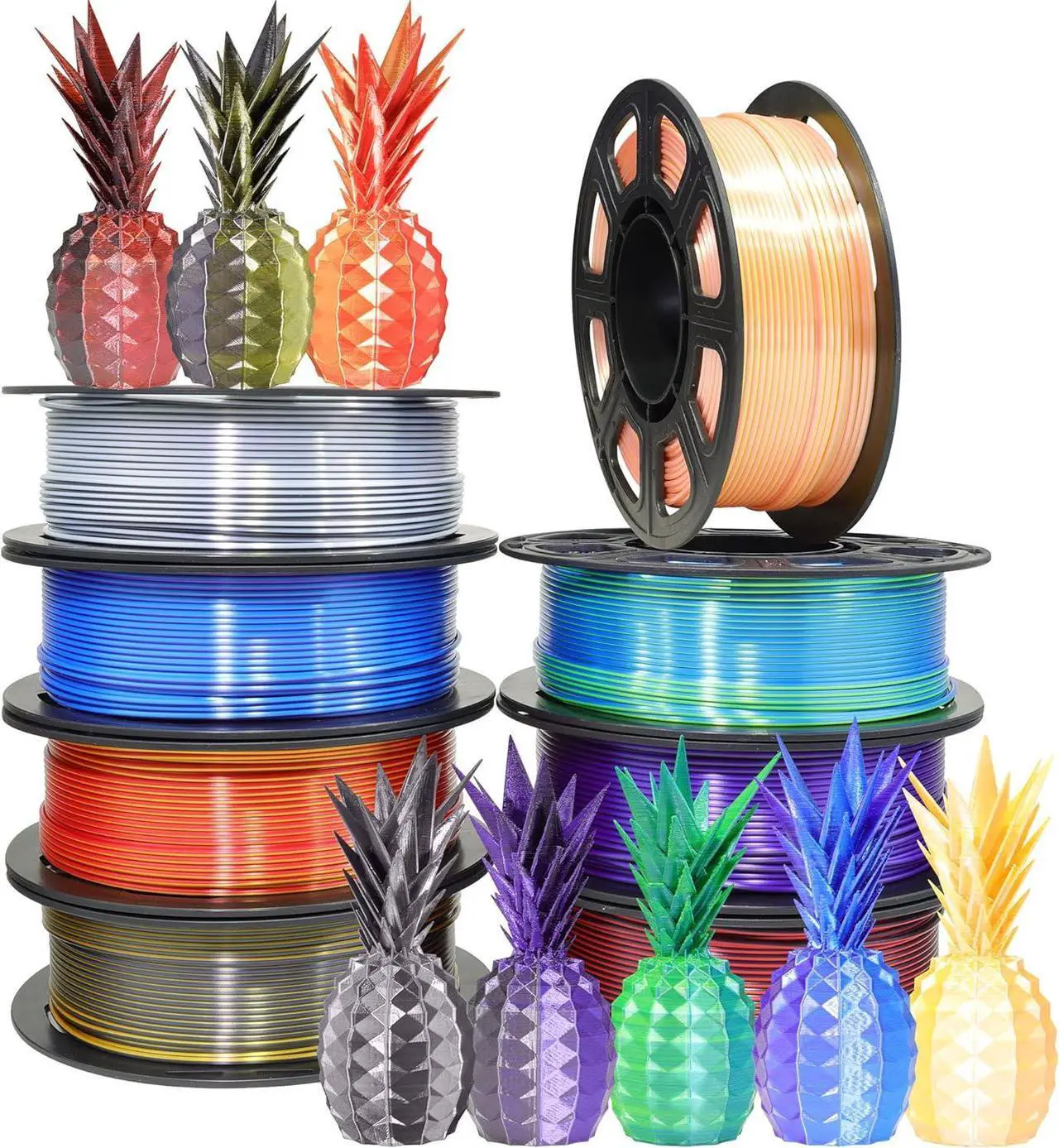 Alt view image 5 of 7 - 8 Spools Dual Color Silk PLA 3D Printer Filament Bundle, Silk White/Black, Red/Black, Gold/Black, Purple/Black, Purple/Blue, Red/Gold, Green/Blue, Yellow/Pink, 1.75mm Bicolor Silk PLA 250gX8