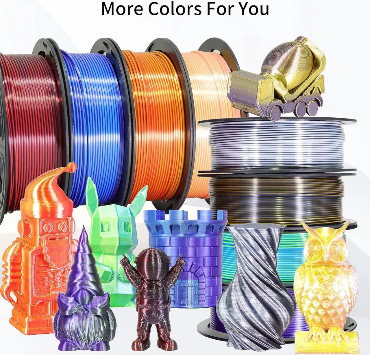 Alt view image 2 of 7 - 8 Spools Dual Color Silk PLA 3D Printer Filament Bundle, Silk White/Black, Red/Black, Gold/Black, Purple/Black, Purple/Blue, Red/Gold, Green/Blue, Yellow/Pink, 1.75mm Bicolor Silk PLA 250gX8