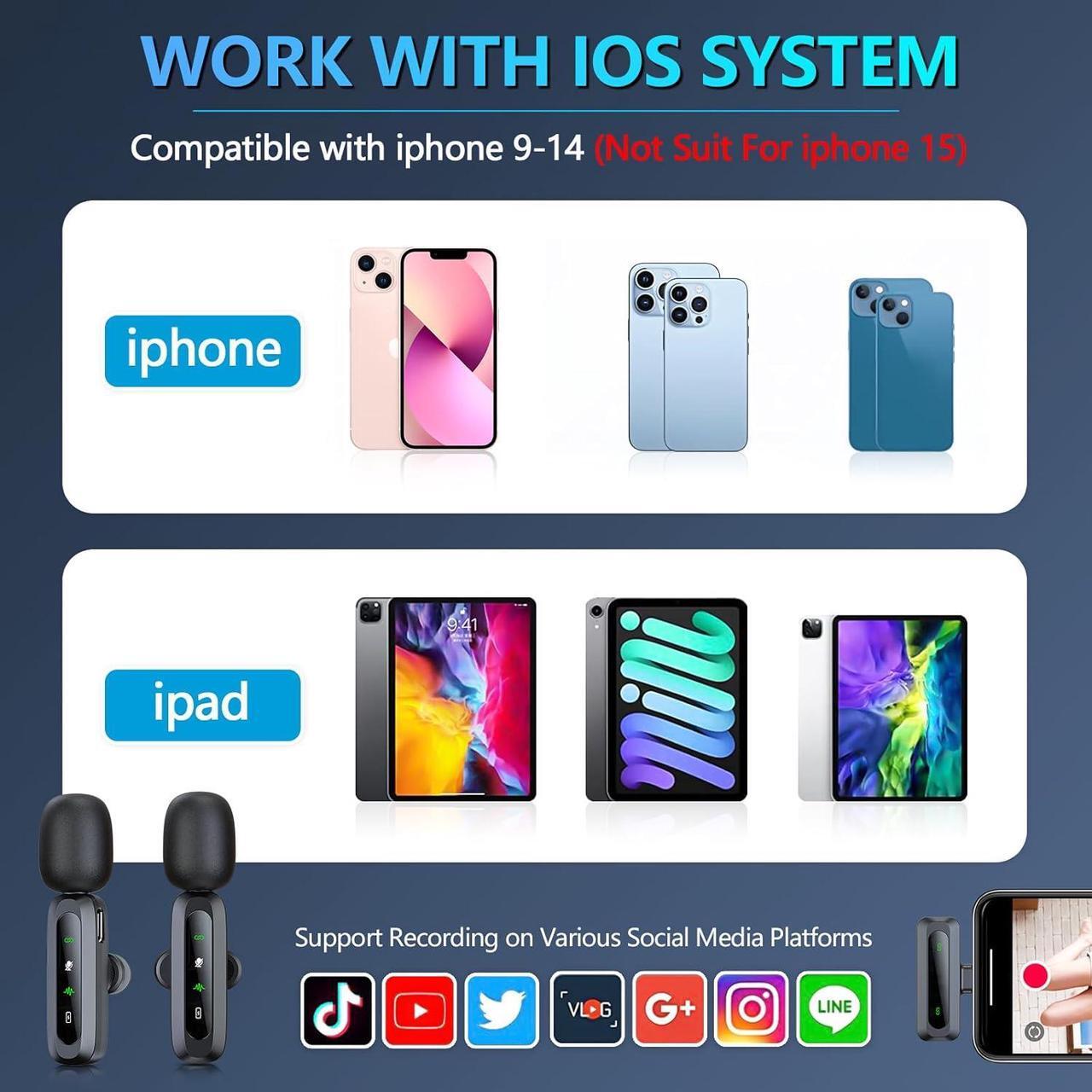 Alt view image 4 of 7 - Wireless Lavalier Microphone for iPhone iPad, 2pcs Mini Microphone Plug-Play for Video Recording, Clip on Lapel Mics for Interview, Podcast, Tiktok, Vlog, YouTube