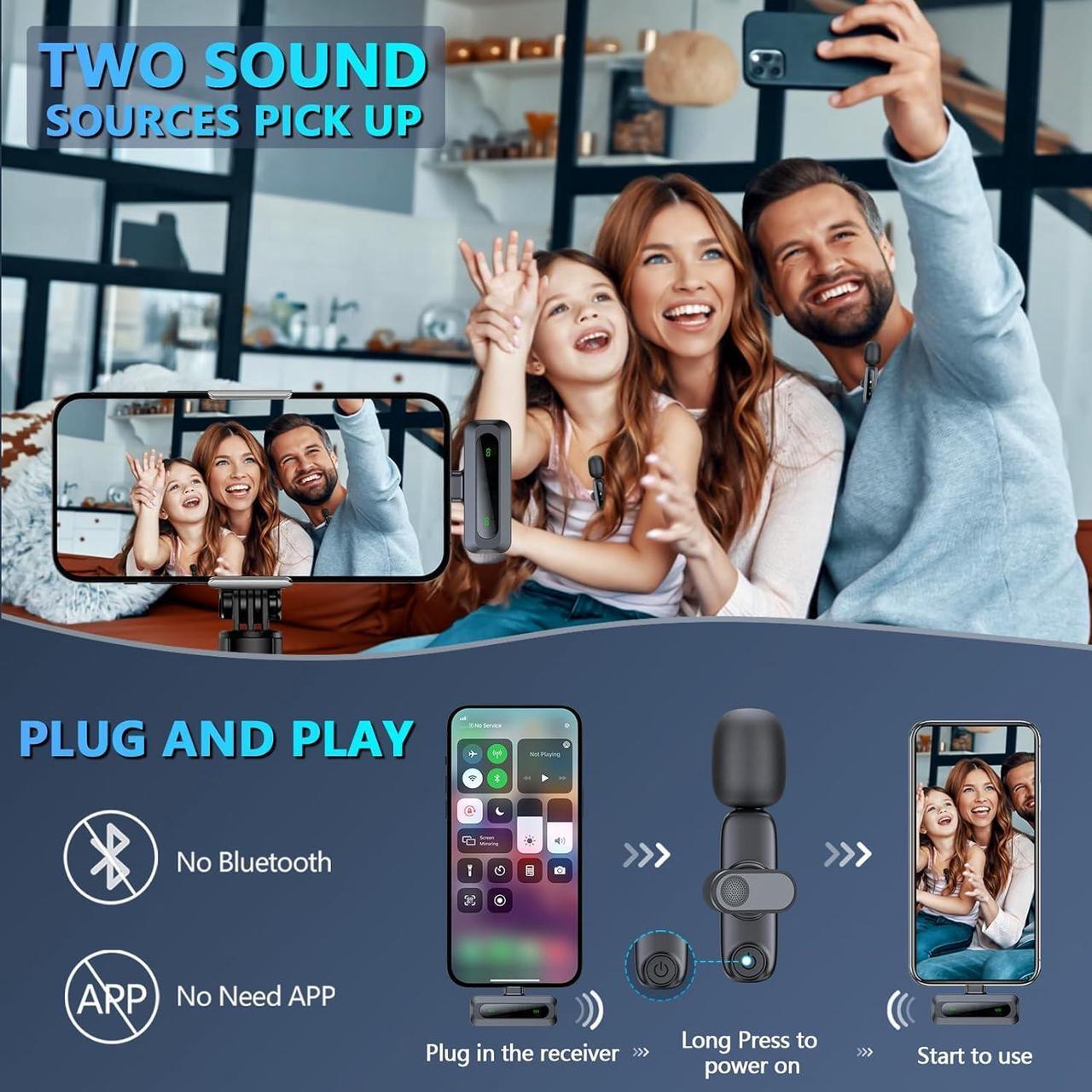 Alt view image 3 of 7 - Wireless Lavalier Microphone for iPhone iPad, 2pcs Mini Microphone Plug-Play for Video Recording, Clip on Lapel Mics for Interview, Podcast, Tiktok, Vlog, YouTube