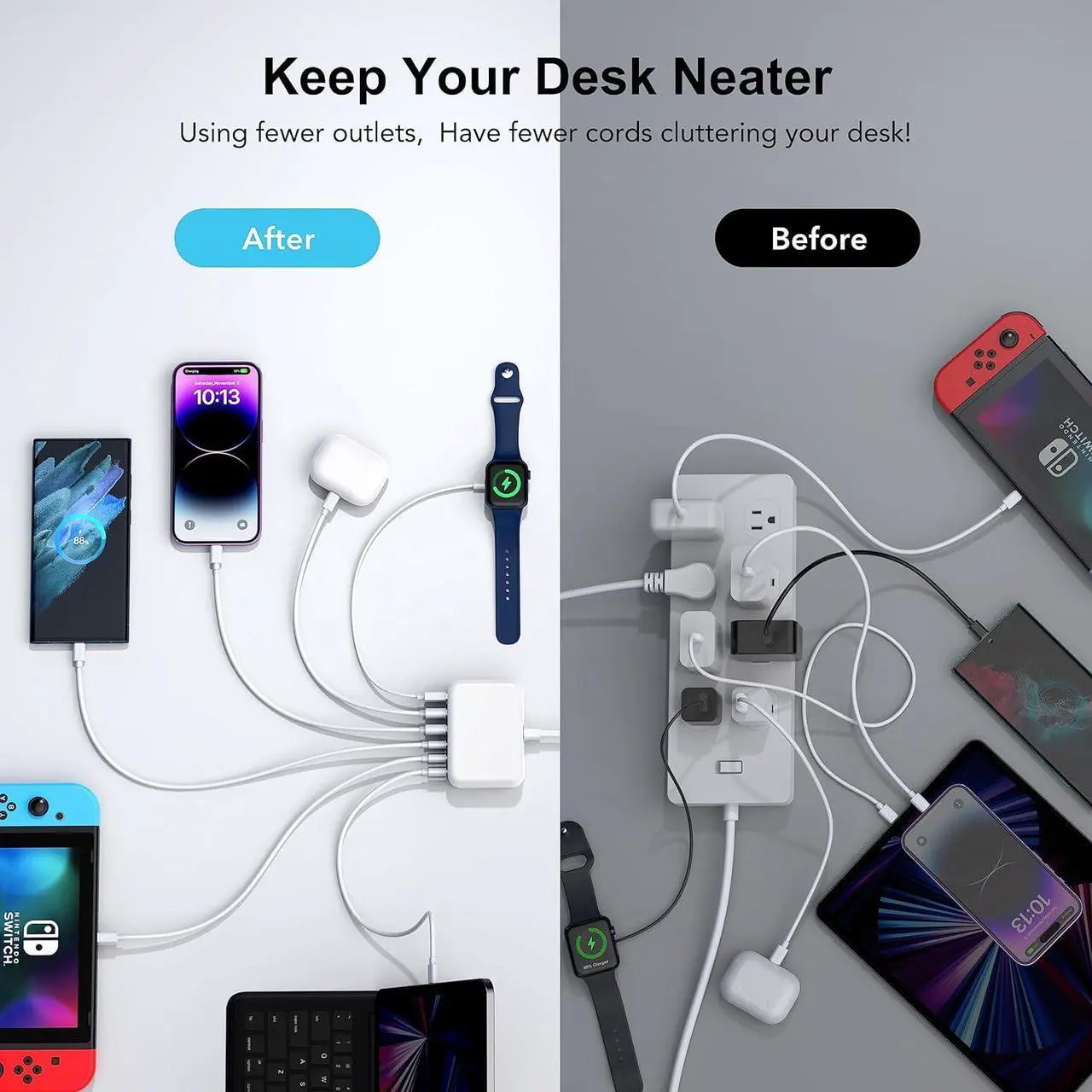 Alt view image 5 of 7 - USB C Fast Charger 100W GaN 6 Port Type USB C Charging Station Hub Block USB C Wall Charger Power Strip Adapter Plug Cube Brick 3 USB C 3 USB A for iPad iPhone 15 14 13 12 11 Pro Max Pixel Note Galaxy