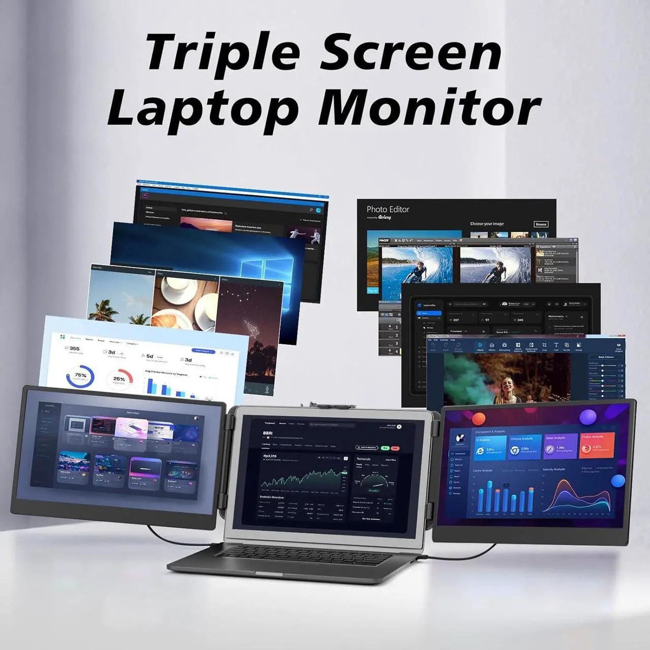 Alt view image 4 of 7 - Laptop Screen Extender Triple Monitor - 14" Portable Monitor FHD 1080P Tri-screen Attachment Extended for Laptop Extra Screen Compatible with Windows Mac Dex Chrome Travel Work Fits 13-17" Laptops