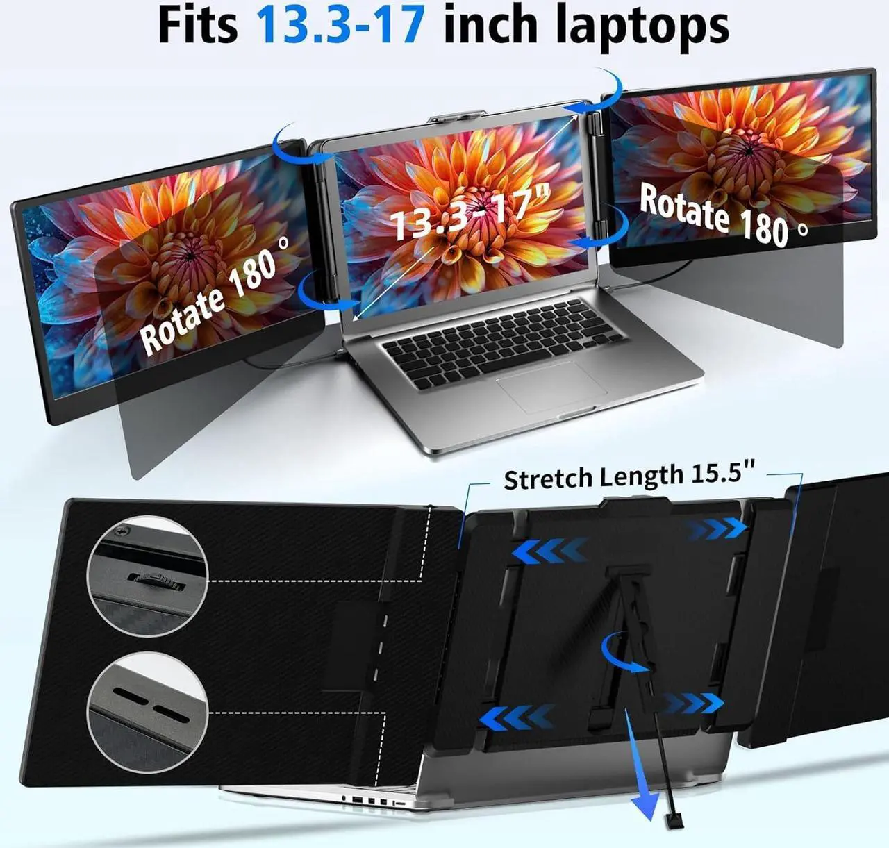 Alt view image 5 of 7 - Laptop Screen Extender Triple Monitor - 14" Portable Monitor FHD 1080P Tri-screen Attachment Extended for Laptop Extra Screen Compatible with Windows Mac Dex Chrome Travel Work Fits 13-17" Laptops
