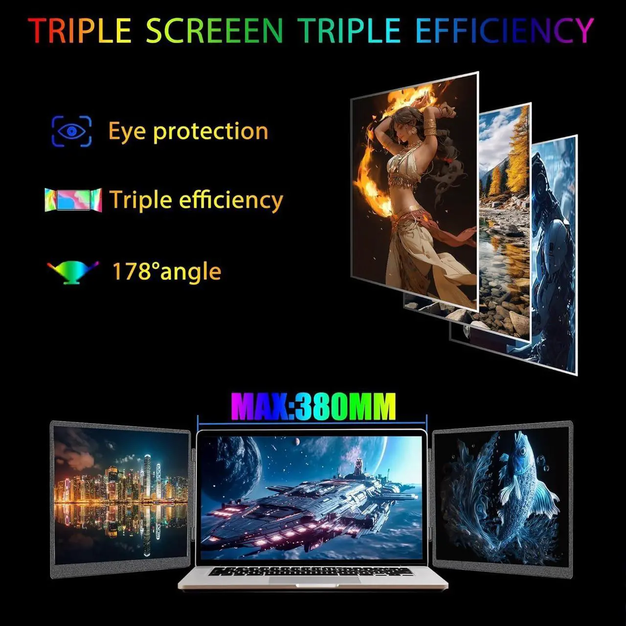 Alt view image 4 of 7 - Triple Laptop Screen Extender Portable Monitor: 14" FHD 1080P IPS Triple Screen Laptop Monitor Extender for 13-16.5" Laptop Plug and Play Triple Portable Monitor For Laptop/MAC/Wins/Android/Linux