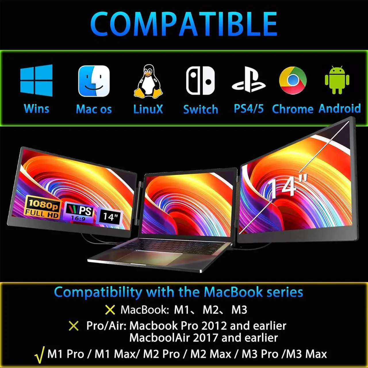 Alt view image 5 of 7 - Triple Laptop Screen Extender Portable Monitor: 14" FHD 1080P IPS Triple Screen Laptop Monitor Extender for 13-16.5" Laptop Plug and Play Triple Portable Monitor For Laptop/MAC/Wins/Android/Linux