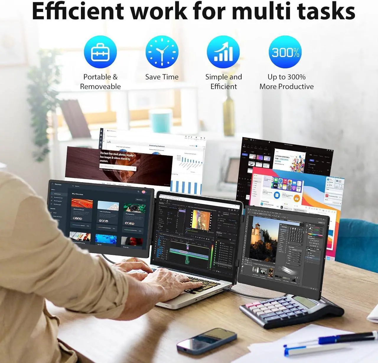 Alt view image 6 of 7 - Triple Laptop Screen Extender Portable Monitor: 14" FHD 1080P IPS Triple Screen Laptop Monitor Extender for 13-16.5" Laptop Plug and Play Triple Portable Monitor For Laptop/MAC/Wins/Android/Linux