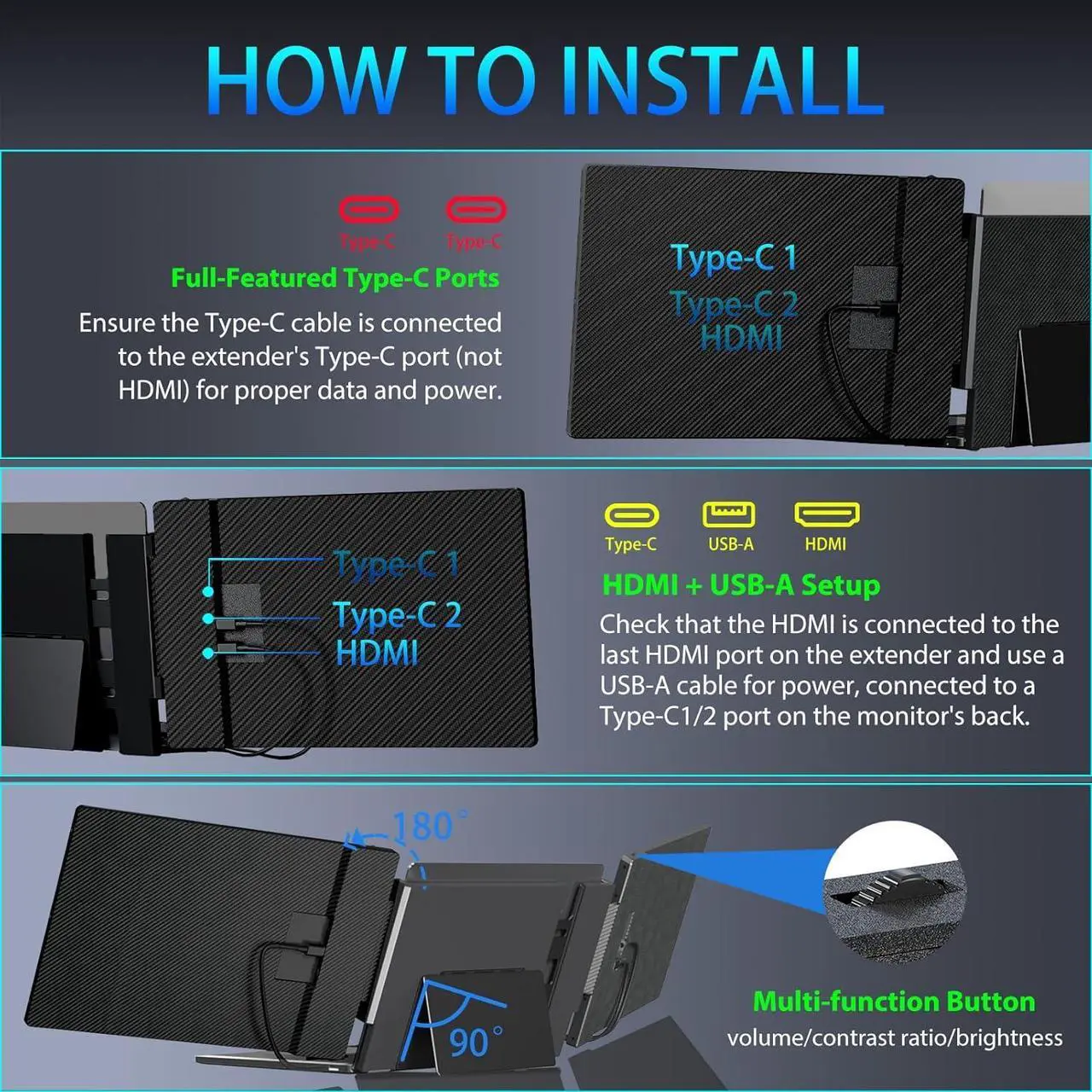 Alt view image 7 of 7 - Triple Laptop Screen Extender Portable Monitor: 14" FHD 1080P IPS Triple Screen Laptop Monitor Extender for 13-16.5" Laptop Plug and Play Triple Portable Monitor For Laptop/MAC/Wins/Android/Linux