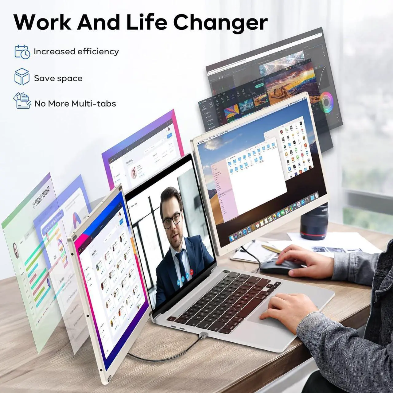 Alt view image 3 of 7 - Laptop Screen Extender, 15.6" Portable Monitor, FHD 1080P IPS 360° Rotation Screen Triple Monitor Laptops, Removable Multi-mode monitor for 13-17 Laptops compatible with Mac/Wins/Android/Dex