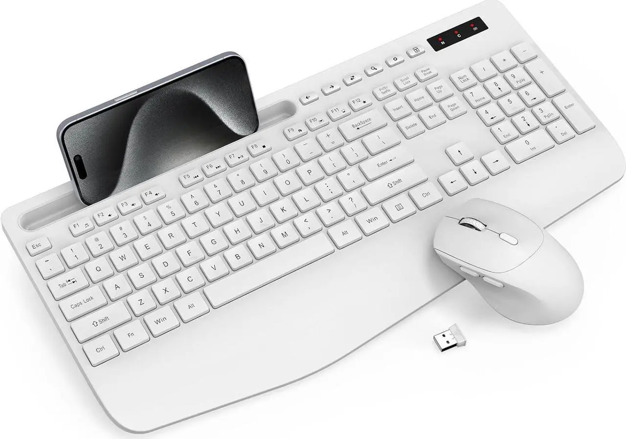 Main image of Wireless Keyboard and Mouse Combo - Full-Sized Ergonomic Keyboard with Wrist Rest, Phone Holder, Sleep Mode, Silent 2.4GHz Cordless Keyboard Mouse Combo for Computer, Laptop, PC, Mac, Windows,White