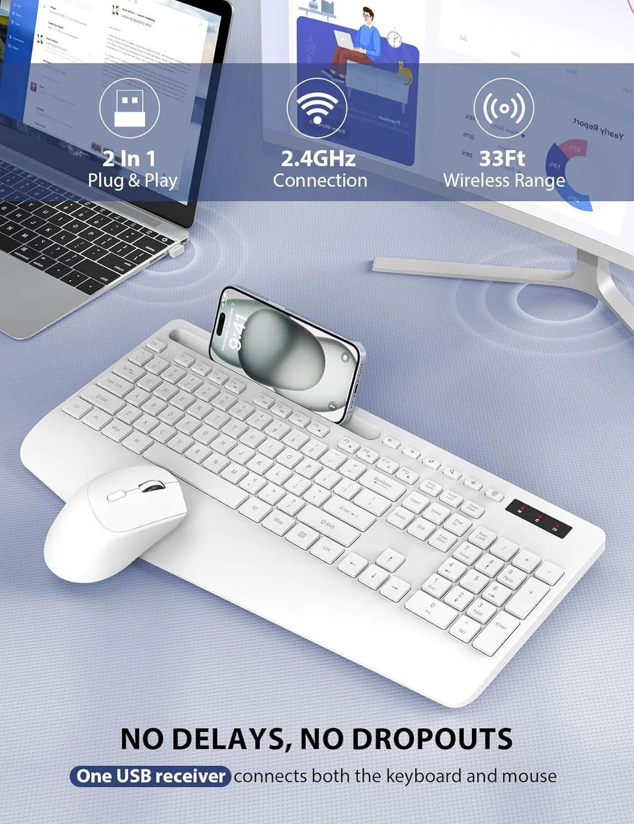 Alt view image 4 of 7 - Wireless Keyboard and Mouse Combo - Full-Sized Ergonomic Keyboard with Wrist Rest, Phone Holder, Sleep Mode, Silent 2.4GHz Cordless Keyboard Mouse Combo for Computer, Laptop, PC, Mac, Windows,White