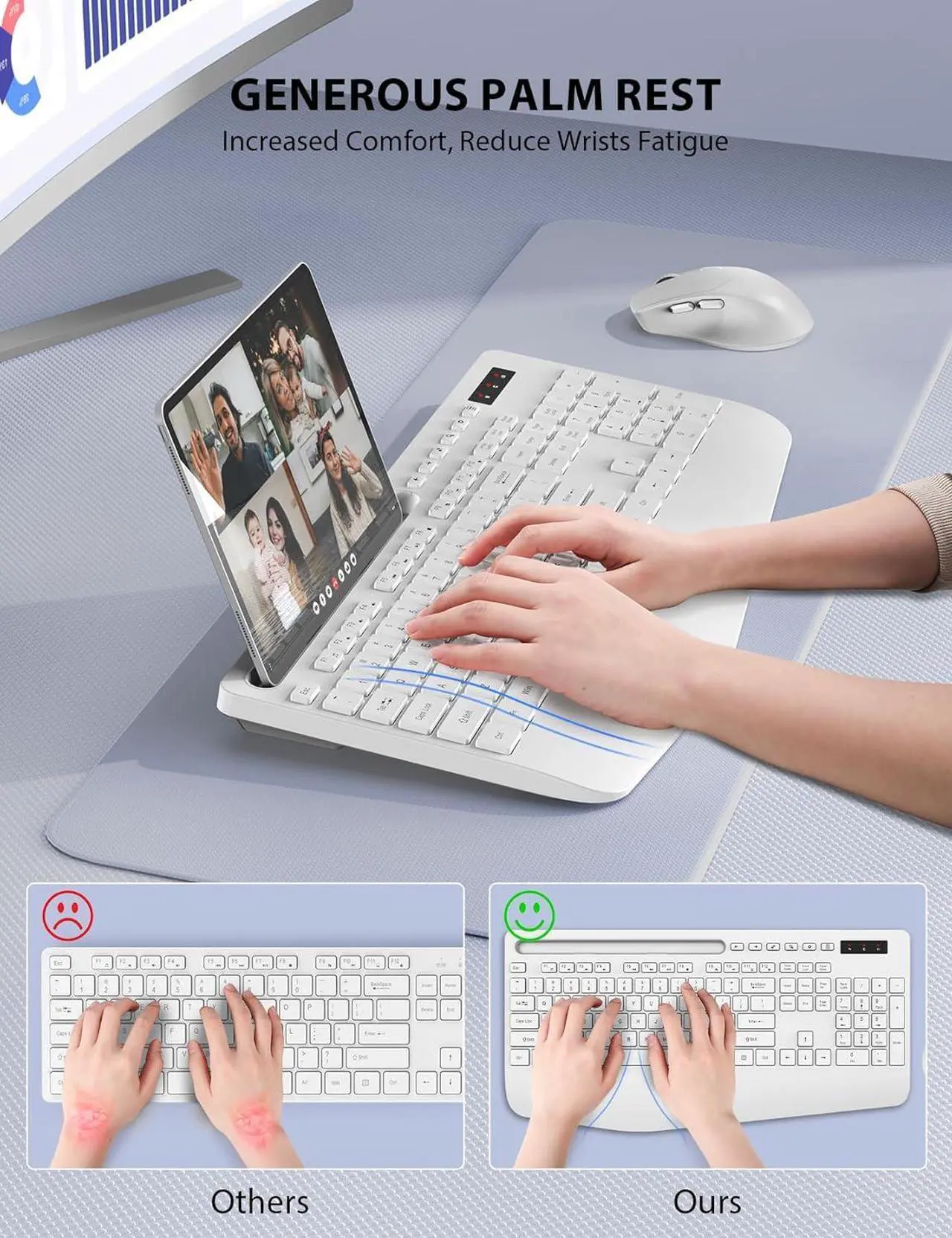 Alt view image 2 of 7 - Wireless Keyboard and Mouse Combo - Full-Sized Ergonomic Keyboard with Wrist Rest, Phone Holder, Sleep Mode, Silent 2.4GHz Cordless Keyboard Mouse Combo for Computer, Laptop, PC, Mac, Windows,White