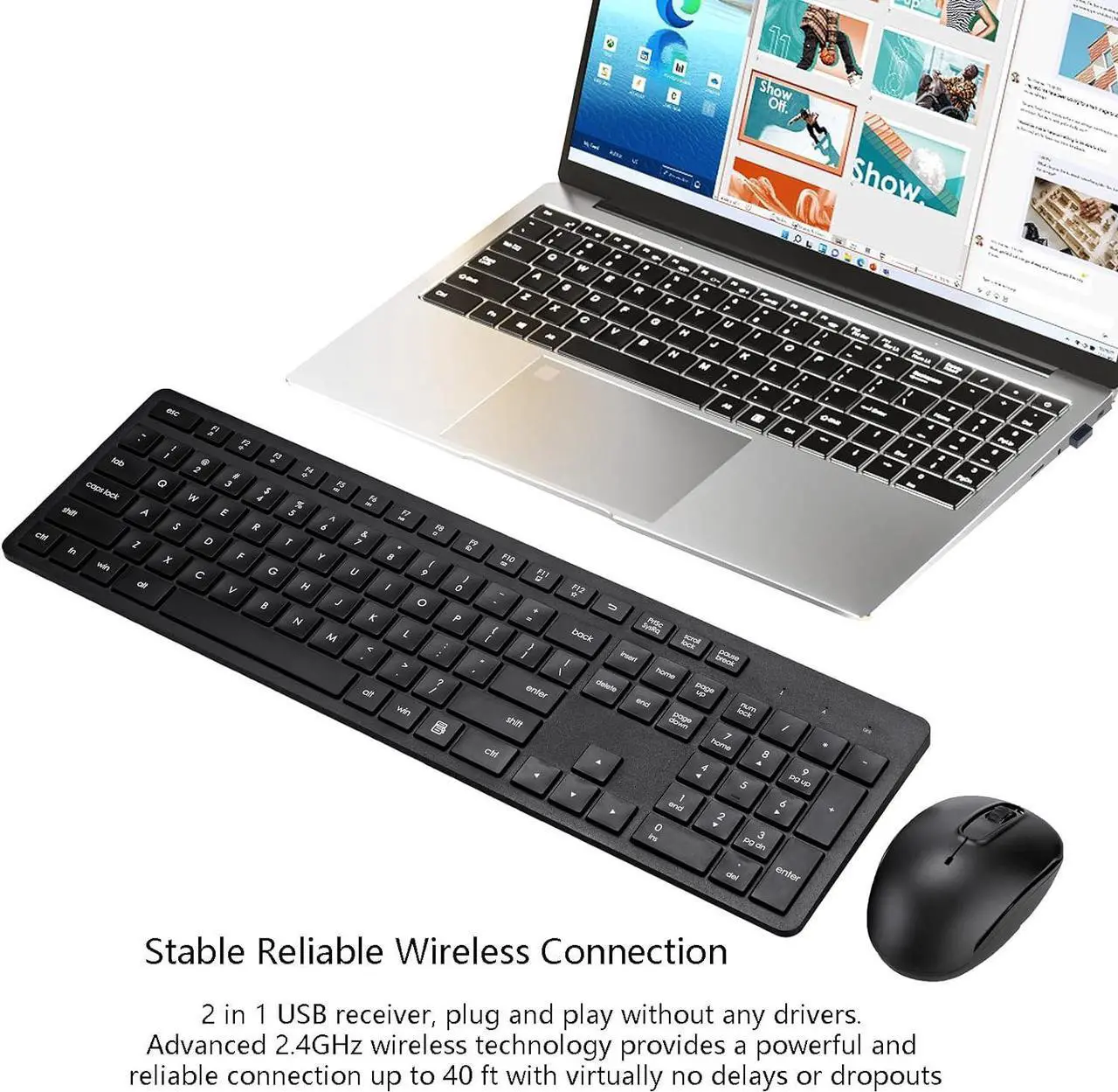 Alt view image 2 of 7 - Wireless Keyboard and Mouse Combo, 2.4G Silent Cordless Keyboard Mouse Combo for Windows Chrome Laptop Computer PC Desktop, 106 Keys Full Size with Number Pad, 1600 DPI Optical Mouse (Black)