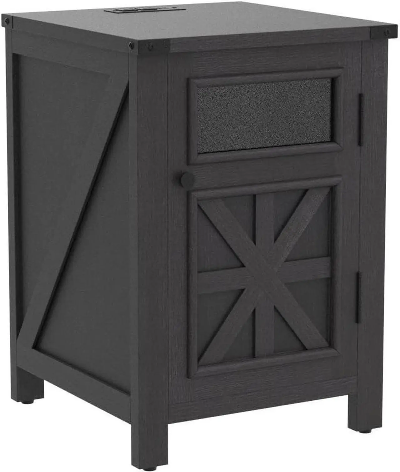 Main image of Farmhouse End Table with Charging Station, 18'' Rustic Nightstand with Barn Door & Adjustable Shelf, Wooden Sofa Side Table with 3-Tier Storage for Living Room, Bedroom, Black