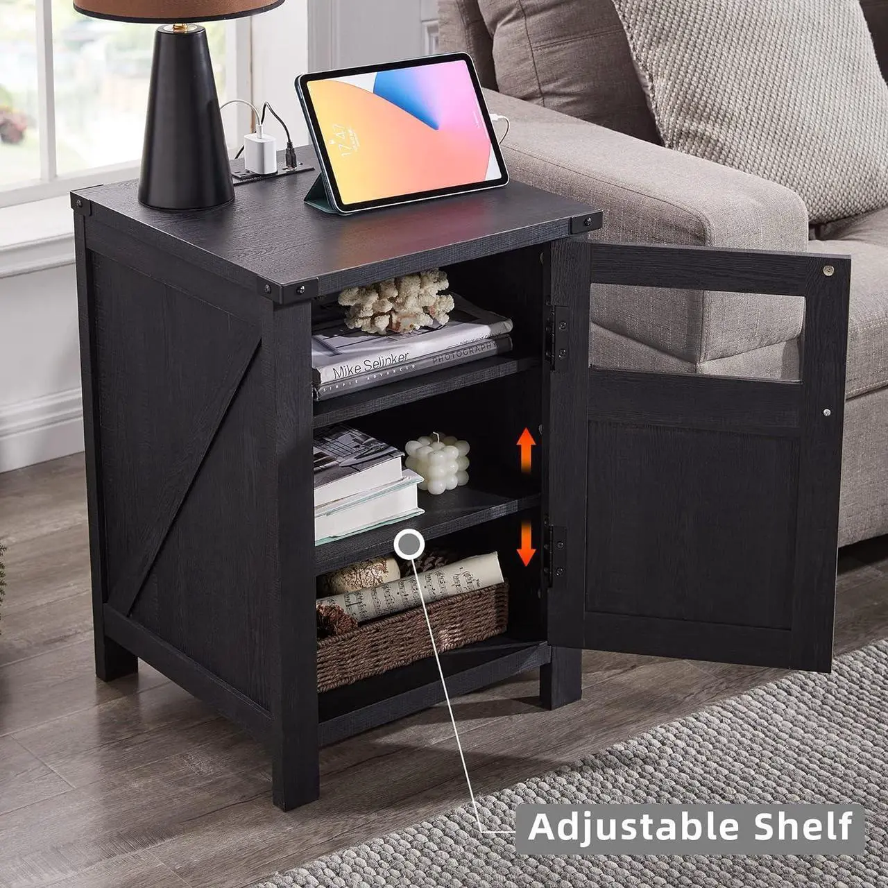 Alt view image 6 of 6 - Farmhouse End Table with Charging Station, 18'' Rustic Nightstand with Barn Door & Adjustable Shelf, Wooden Sofa Side Table with 3-Tier Storage for Living Room, Bedroom, Black