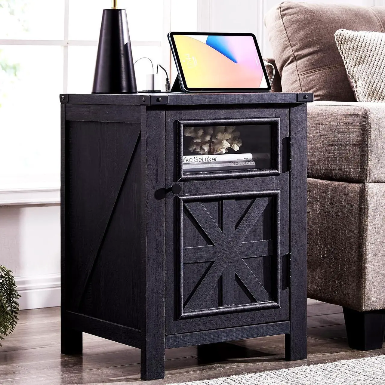 Alt view image 3 of 6 - Farmhouse End Table with Charging Station, 18'' Rustic Nightstand with Barn Door & Adjustable Shelf, Wooden Sofa Side Table with 3-Tier Storage for Living Room, Bedroom, Black