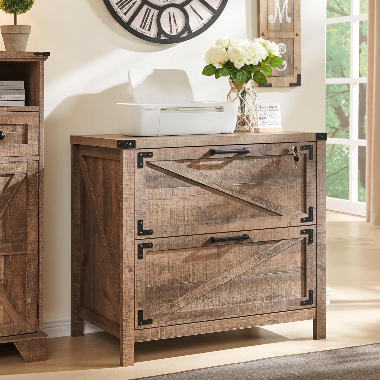 Alt view image 3 of 7 - 2 Drawer Farmhouse File Cabinet, Lateral Filing Cabinet for Home Office, Compatible Legal Letter A4 F4 Size,GRAY