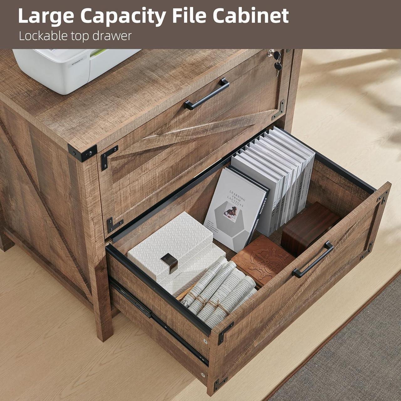 Alt view image 4 of 7 - 2 Drawer Farmhouse File Cabinet, Lateral Filing Cabinet for Home Office, Compatible Legal Letter A4 F4 Size,GRAY