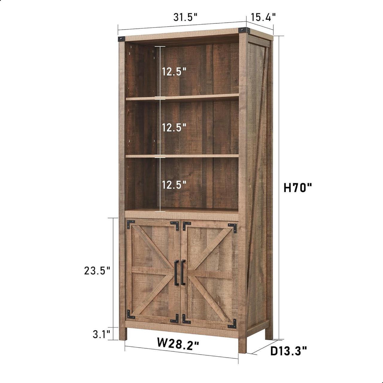Alt view image 2 of 6 - 70" Farmhouse 5-Tier Storage Bookshelf-Bookcase with Adjustable Shelves & Barn Door, Kitchen Pantry Bathroom Organizer, Storage Cabinet for Living Room, Dining Room (GRAY)