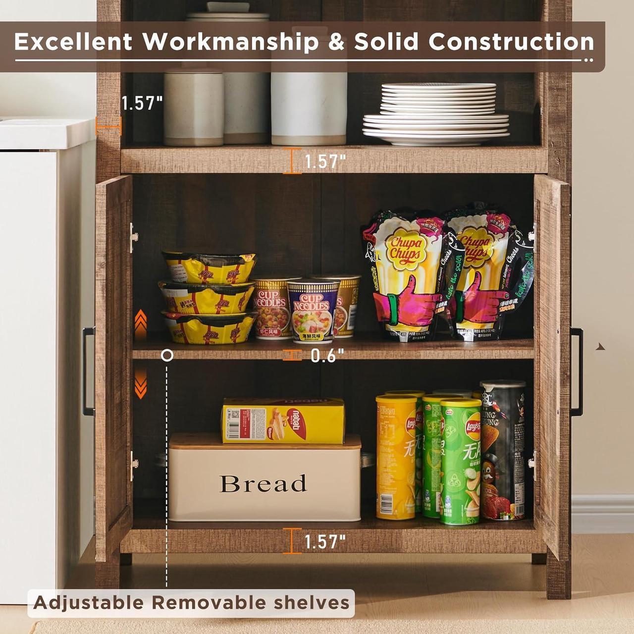 Alt view image 4 of 6 - 70" Farmhouse 5-Tier Storage Bookshelf-Bookcase with Adjustable Shelves & Barn Door, Kitchen Pantry Bathroom Organizer, Storage Cabinet for Living Room, Dining Room (GRAY)