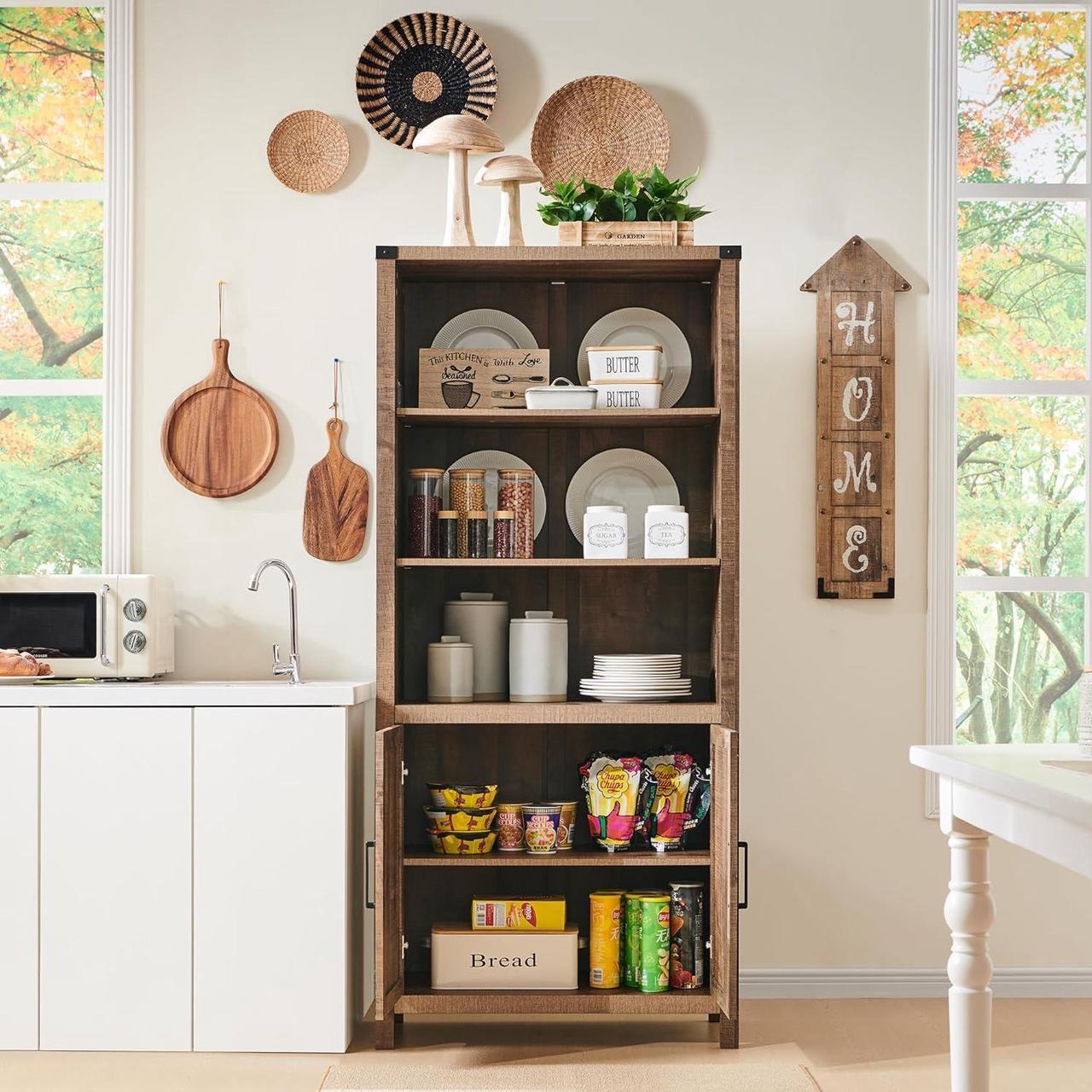 Alt view image 3 of 6 - 70" Farmhouse 5-Tier Storage Bookshelf-Bookcase with Adjustable Shelves & Barn Door, Kitchen Pantry Bathroom Organizer, Storage Cabinet for Living Room, Dining Room (GRAY)