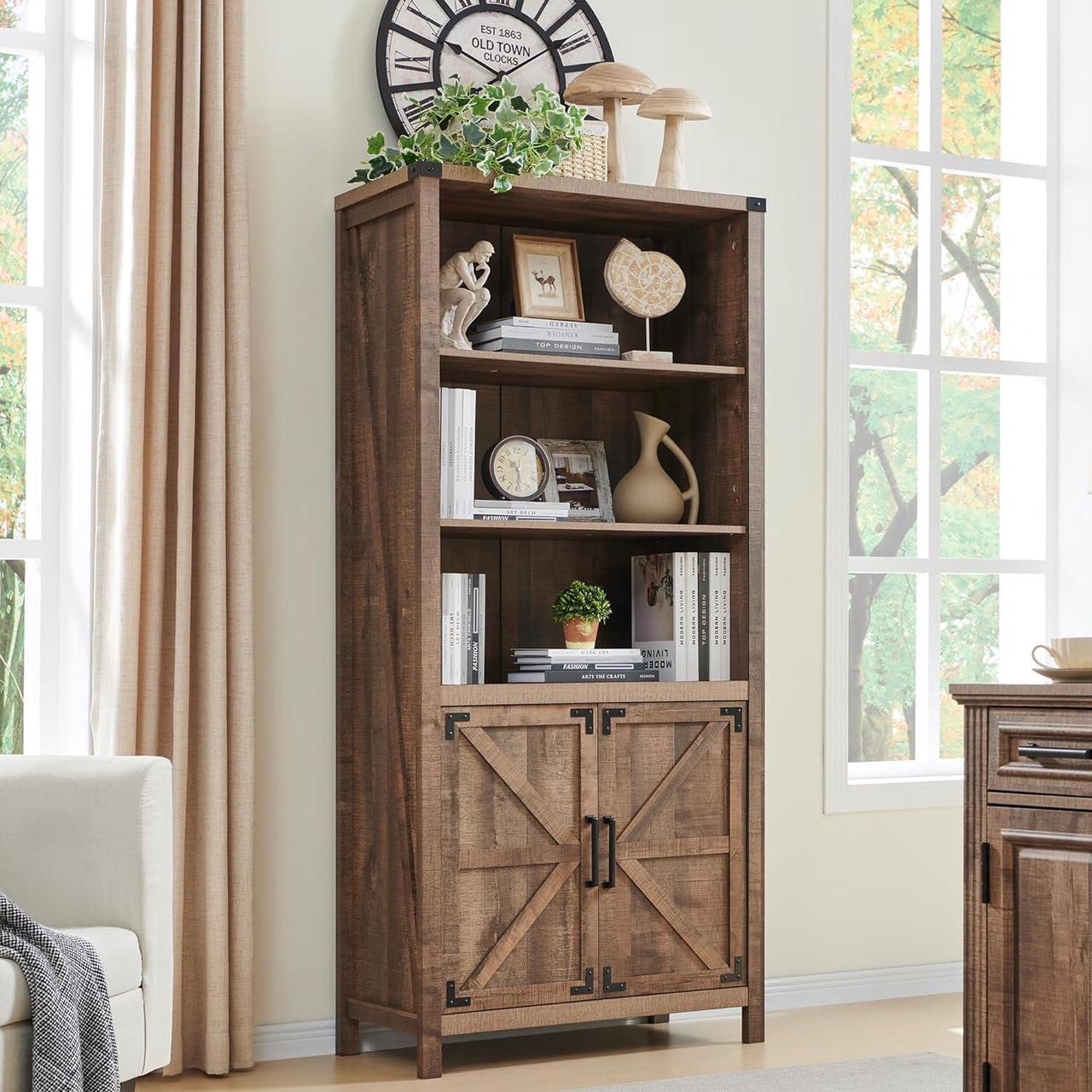 Main image of 70" Farmhouse 5-Tier Storage Bookshelf-Bookcase with Adjustable Shelves & Barn Door, Kitchen Pantry Bathroom Organizer, Storage Cabinet for Living Room, Dining Room (GRAY)