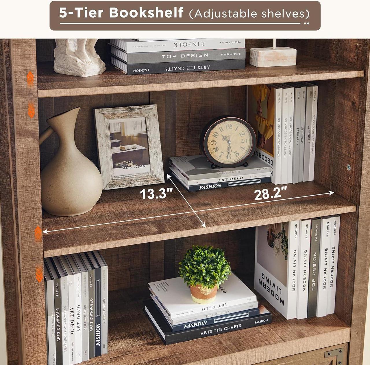 Alt view image 5 of 6 - 70" Farmhouse 5-Tier Storage Bookshelf-Bookcase with Adjustable Shelves & Barn Door, Kitchen Pantry Bathroom Organizer, Storage Cabinet for Living Room, Dining Room (GRAY)