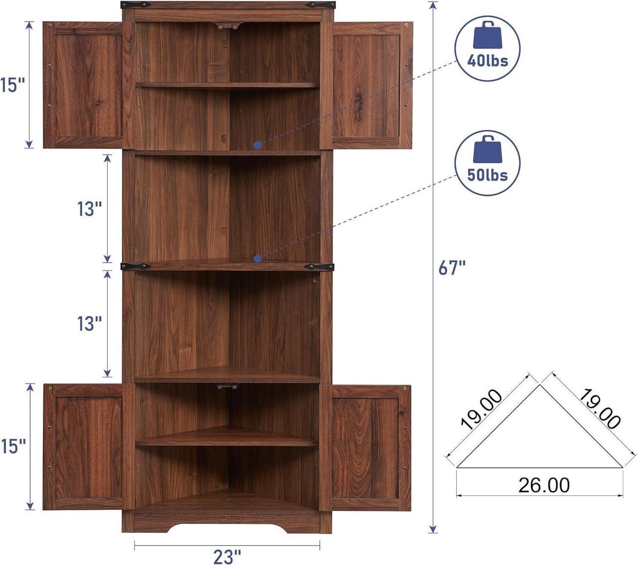 Alt view image 2 of 7 - Farmhouse Corner Cabinet, Tall Corner Bathroom Storage Cabinet with Barn Door & Adjustable Shelves, for Living Room, Kitchen,Utility Room (Antique Brown)